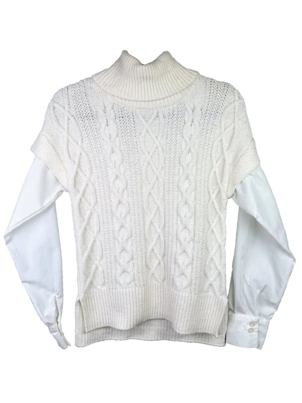 Anthropologie Layered Cable Knit Sweater Shirt Vest Sleeves Cream Turtleneck XS